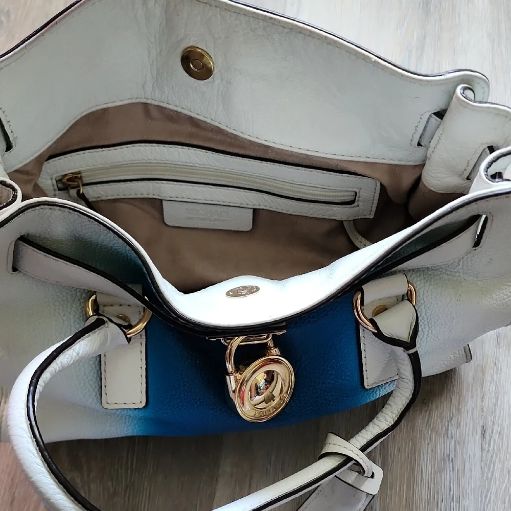 MICHAEL KORS HAMILTON SPRAY WHITE/ SUMMER BLUE EW SATCHEL  LEATHER HANDBAG PURSE